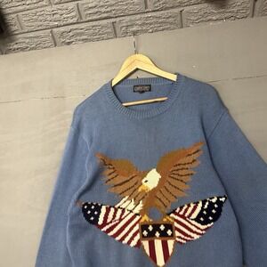 vtg Lands' End Chunky America Eagle Drum‎ Freedom Drum Lana Sweater m  Mens